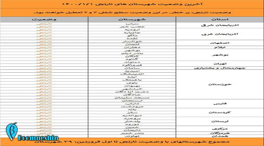 اسامی استان ها و شهرستان های در وضعیت قرمز و نارنجی 1یکشنبه 1 فروردین 1400.jpg